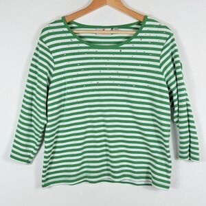 Quacker Factory Women Medium Shirt Top Green White Stripe Rhinestone 3/4 Sleeve